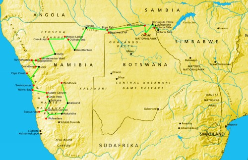 Reiseroute südliches Afrika 2004